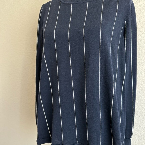 WOMENS SANDRO Paris. Merino Wool . BLUE/WHITE V-BACK LONG SLEEVE KNIT TOP SZ M - Picture 4 of 9